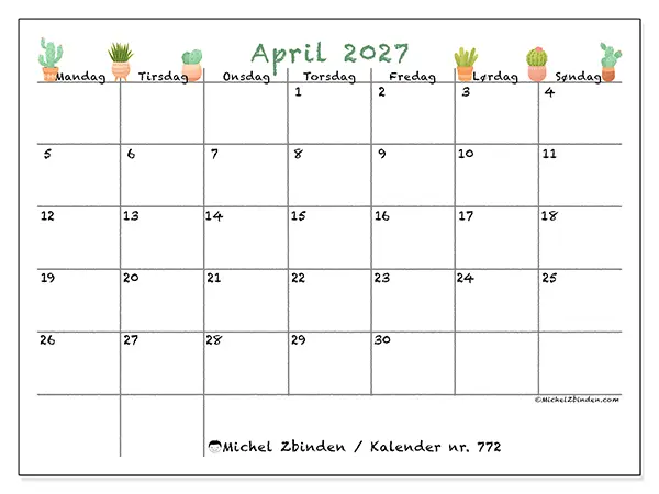 April 2027 månedskalender til udskrivning - Dekorative kaktusser