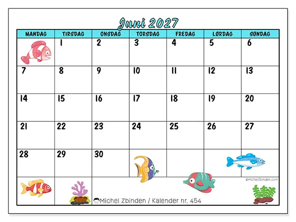 Juni 2027 månedskalender til udskrivning - Farverige fisk