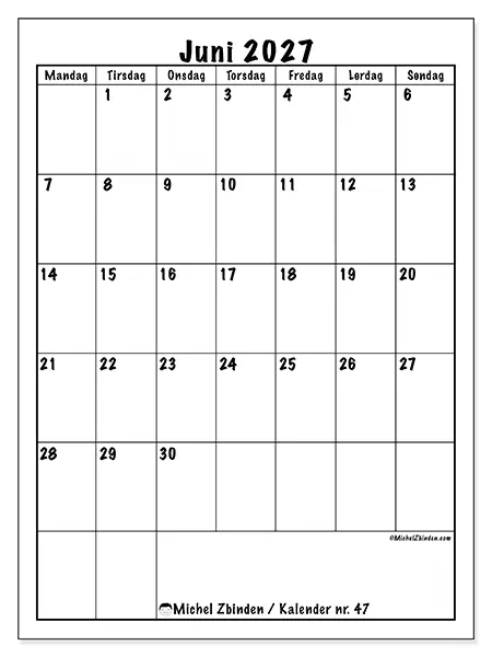 Juni 2027 månedskalender til udskrivning - Tydelig planlægning