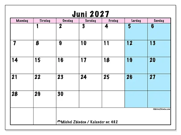 Juni 2027 månedskalender til udskrivning - Team tidsplan