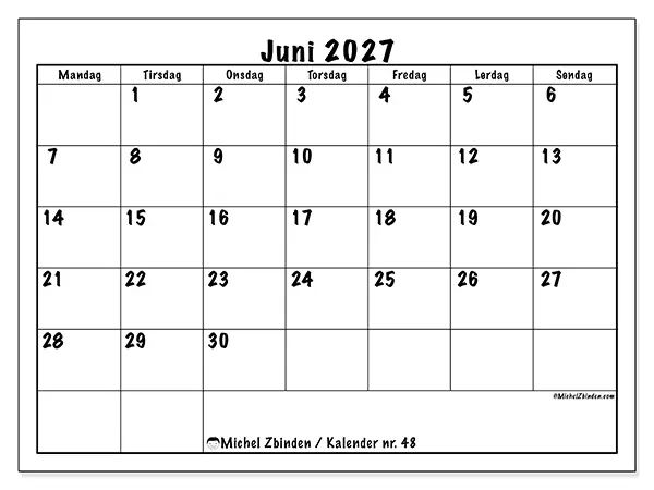 Juni 2027 månedskalender til udskrivning - Daglig planlægning