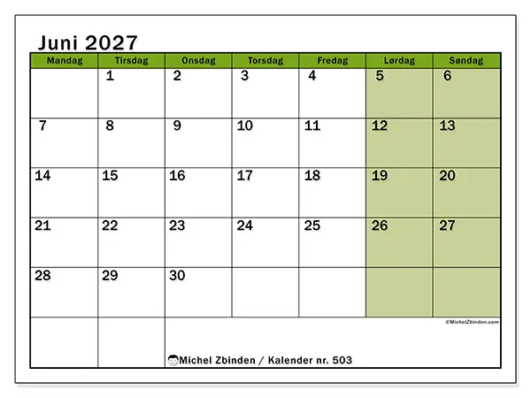 Juni 2027 månedskalender til udskrivning - Levende organisering