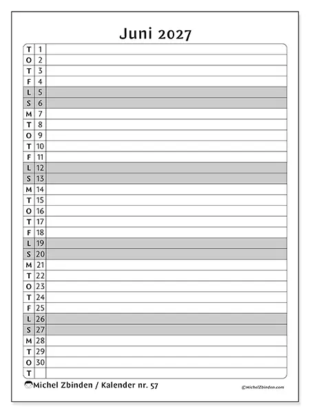 Juni 2027 månedskalender til udskrivning - Aktivitetsliste