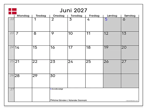 Juni 2027 månedskalender til udskrivning - Danmark