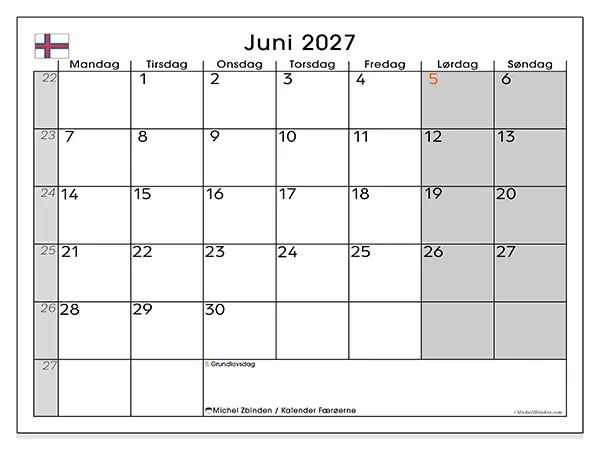 Juni 2027 månedskalender til udskrivning - Færøerne