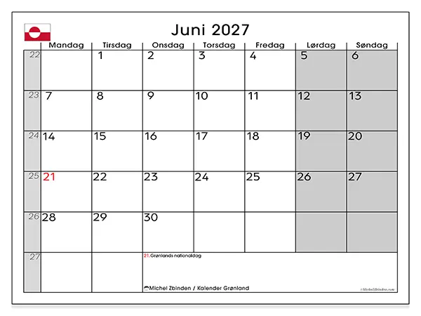 Juni 2027 månedskalender til udskrivning - Grønland