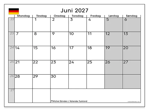Juni 2027 månedskalender til udskrivning - Tyskland