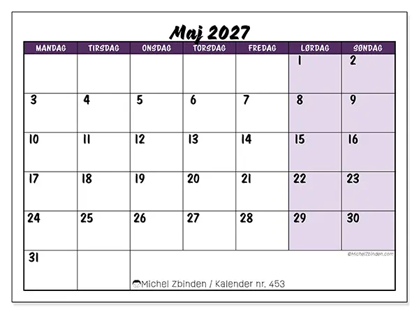 Maj 2027 månedskalender til udskrivning - Farverige opgaver