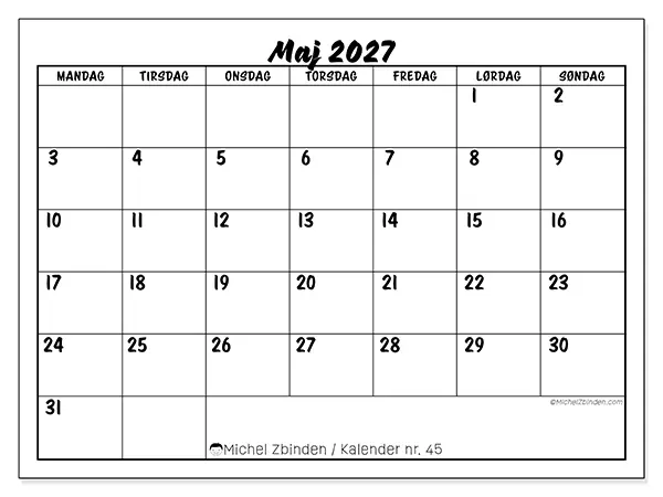 Maj 2027 månedskalender til udskrivning - Skolesucces