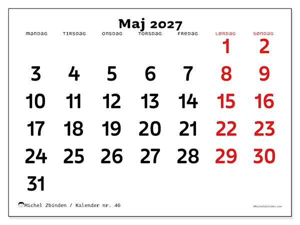 Maj 2027 månedskalender til udskrivning - Klart overblik