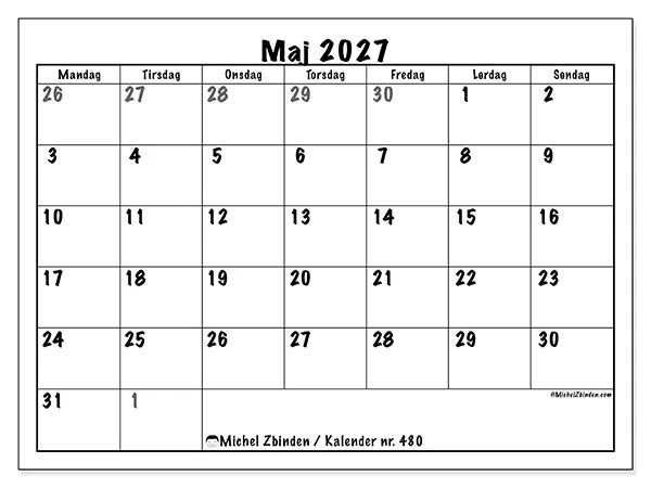 Maj 2027 månedskalender til udskrivning - Fuld planlægning