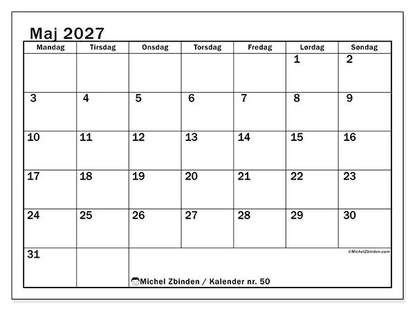 Maj 2027 månedskalender til udskrivning - Tydelig månedsplanlægning