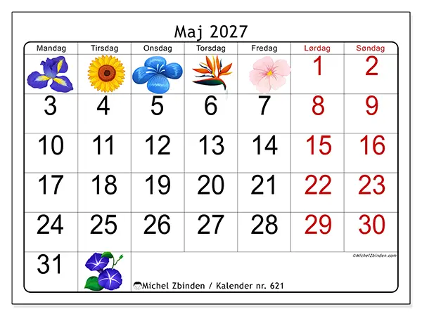 Maj 2027 månedskalender til udskrivning - Store blomster