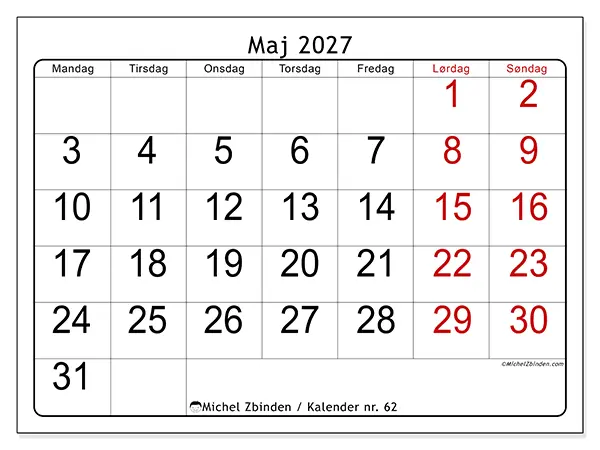 Maj 2027 månedskalender til udskrivning - Hurtigt overblik