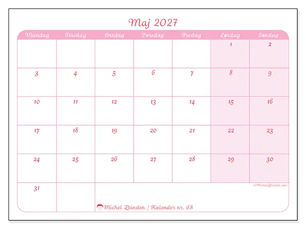 Maj 2027 månedskalender til udskrivning - Blid organisering