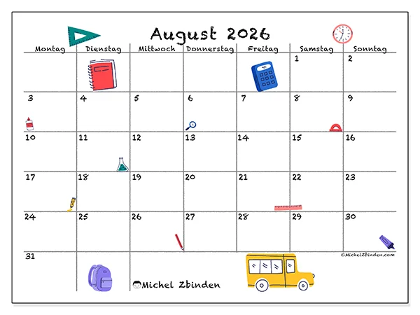 Kalender August 2026 zum Ausdrucken - Schulstart