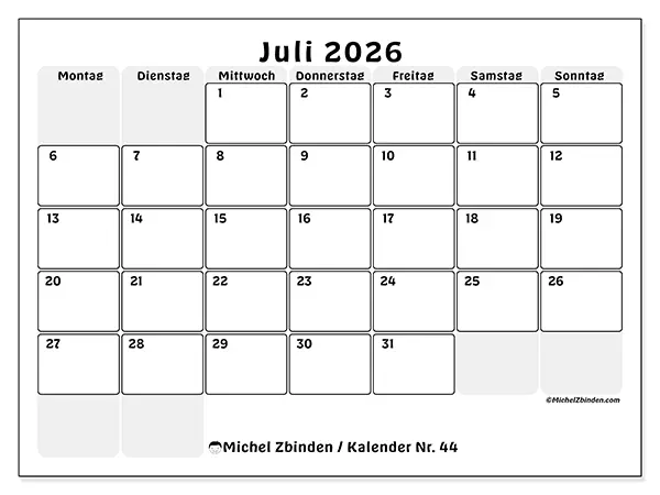 Kalender Juli 2026 zum Ausdrucken - Strukturierte Planung