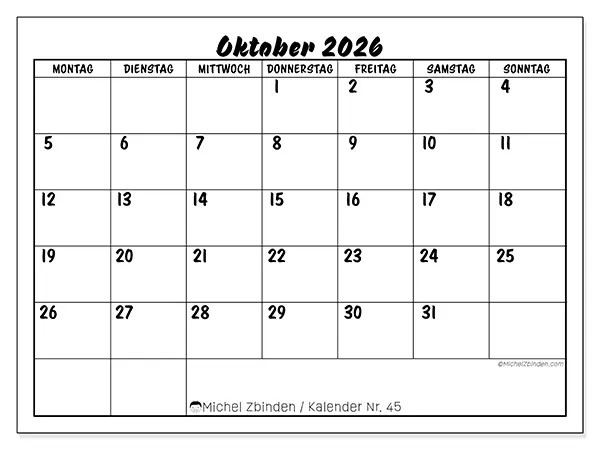 Kalender Oktober 2026 zum Ausdrucken - Schulischer Erfolg