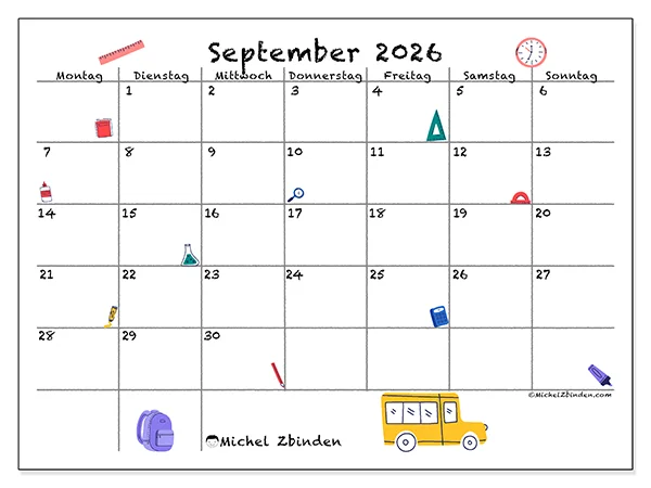 Kalender September 2026 zum Ausdrucken - Schulstart