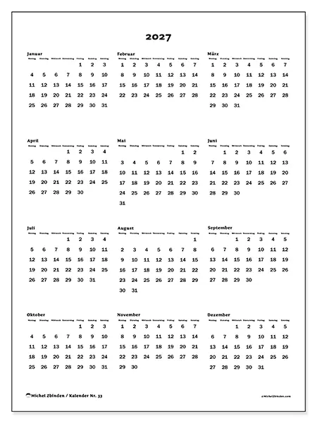 Jahreskalender 2027 zum Ausdrucken - Gesamtübersicht