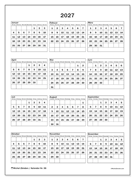 Jahreskalender 2027 zum Ausdrucken - Familienfeiern