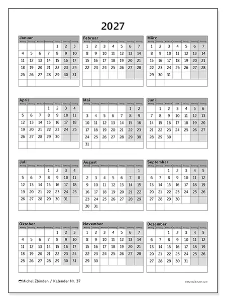 Jahreskalender 2027 zum Ausdrucken - Schlicht und professionell