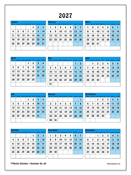 Jahreskalender 2027 zum Ausdrucken - Farbige Jahresübersicht