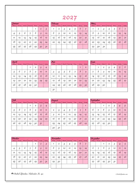 Jahreskalender 2027 zum Ausdrucken - Sanftheit und Charme