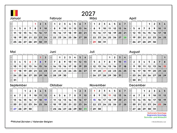Jahreskalender 2027 zum Ausdrucken - Belgien