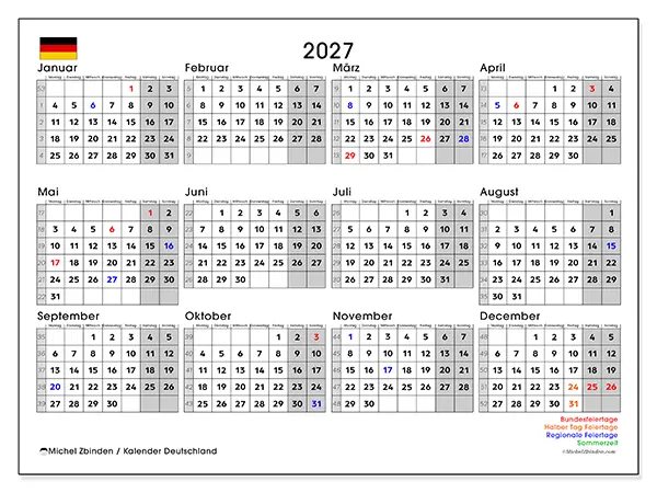 Jahreskalender 2027 zum Ausdrucken - Deutschland
