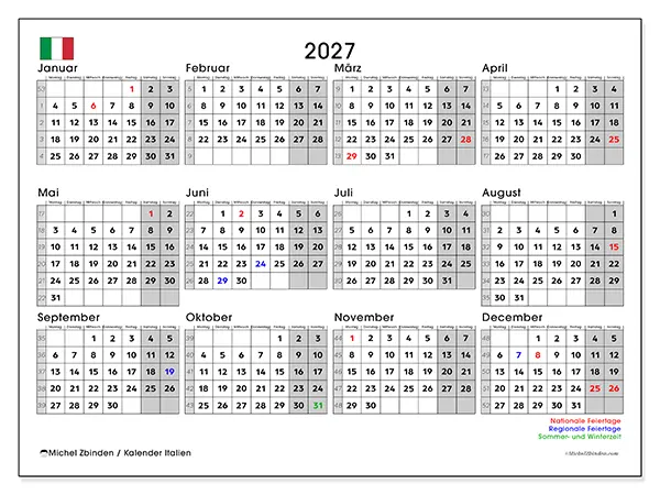Jahreskalender 2027 zum Ausdrucken - Italien