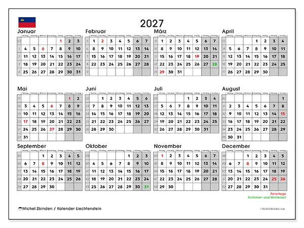 Jahreskalender 2027 zum Ausdrucken - Liechtenstein
