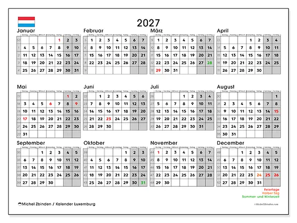 Jahreskalender 2027 zum Ausdrucken - Luxemburg