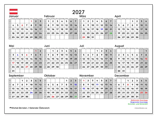 Jahreskalender 2027 zum Ausdrucken - Österreich