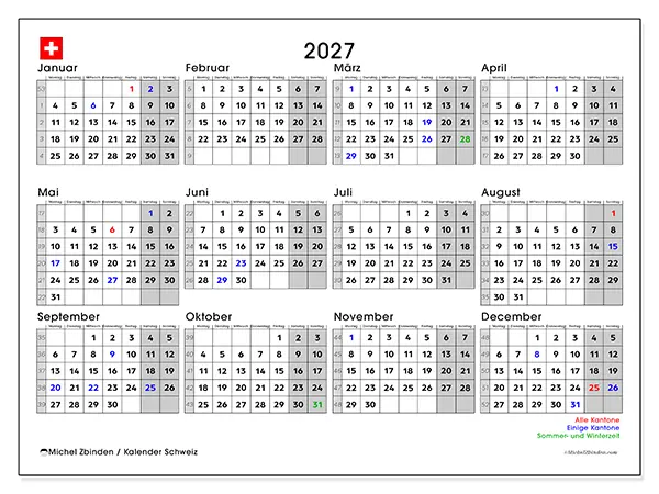 Jahreskalender 2027 zum Ausdrucken - Schweiz