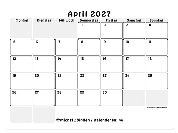 Kalender April 2027 zum Ausdrucken - Strukturierte Planung