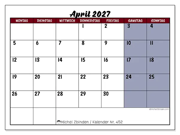 Kalender April 2027 zum Ausdrucken - Farbliche Akzente