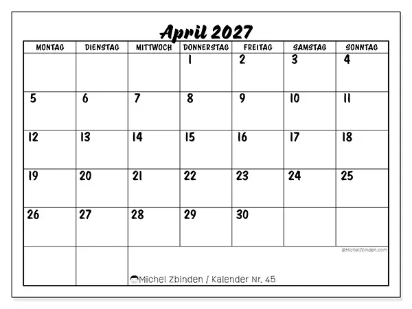 Kalender April 2027 zum Ausdrucken - Schulischer Erfolg