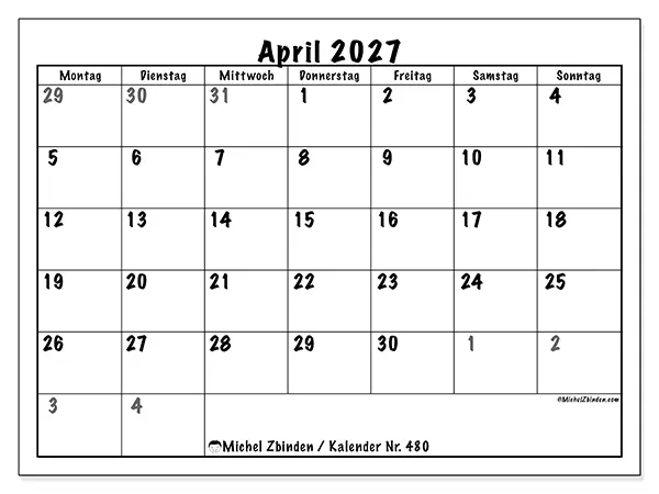 Kalender April 2027 zum Ausdrucken - Vollständige Planung