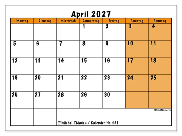 Kalender April 2027 zum Ausdrucken - Dynamische Planung