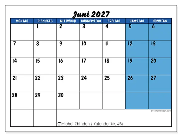 Kalender Juni 2027 zum Ausdrucken - Blaue Akzente