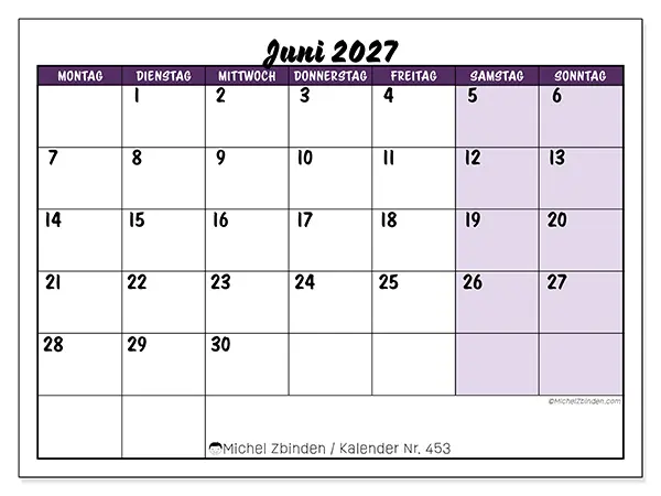 Kalender Juni 2027 zum Ausdrucken - Farbige Lernplanung