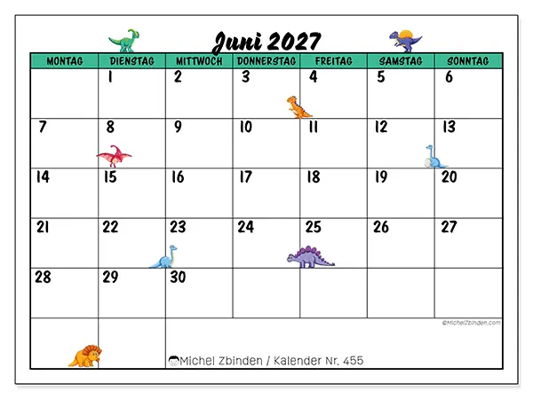 Kalender Juni 2027 zum Ausdrucken - Kleine Dinosaurier