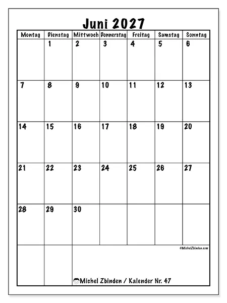 Kalender Juni 2027 zum Ausdrucken - Planung im Hochformat
