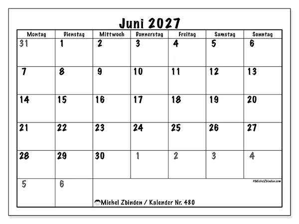 Kalender Juni 2027 zum Ausdrucken - Vollständige Planung