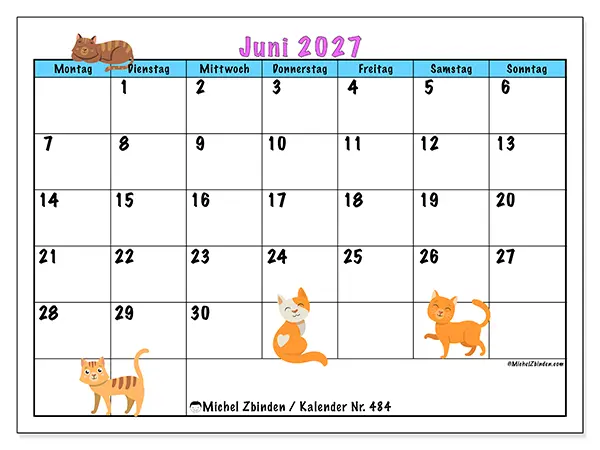 Kalender Juni 2027 zum Ausdrucken - Liebe zu Katzen