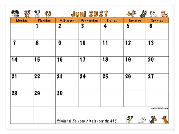 Kalender Juni 2027 zum Ausdrucken - Begeisterte Hunde