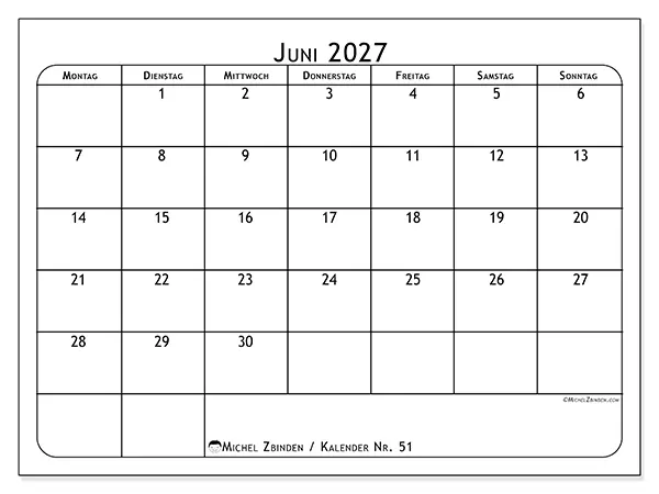 Kalender Juni 2027 zum Ausdrucken - Essensplan