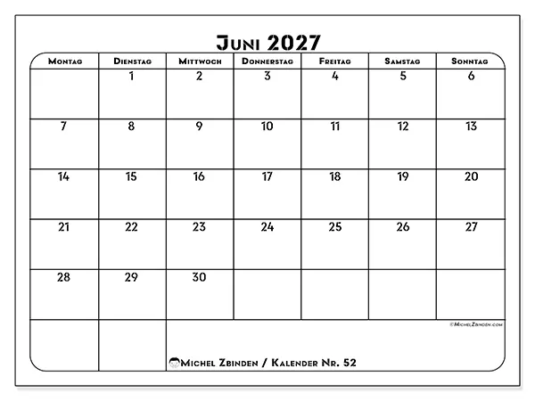 Kalender Juni 2027 zum Ausdrucken - Berufliche Planung