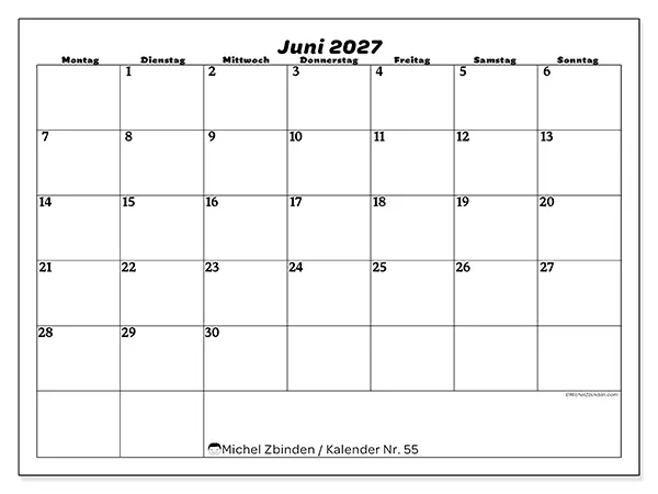 Kalender Juni 2027 zum Ausdrucken - Freizeitorganisation